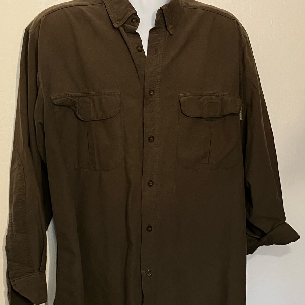 Woolrich 100% cotton men’s L button front shirt Large  olive/ brown